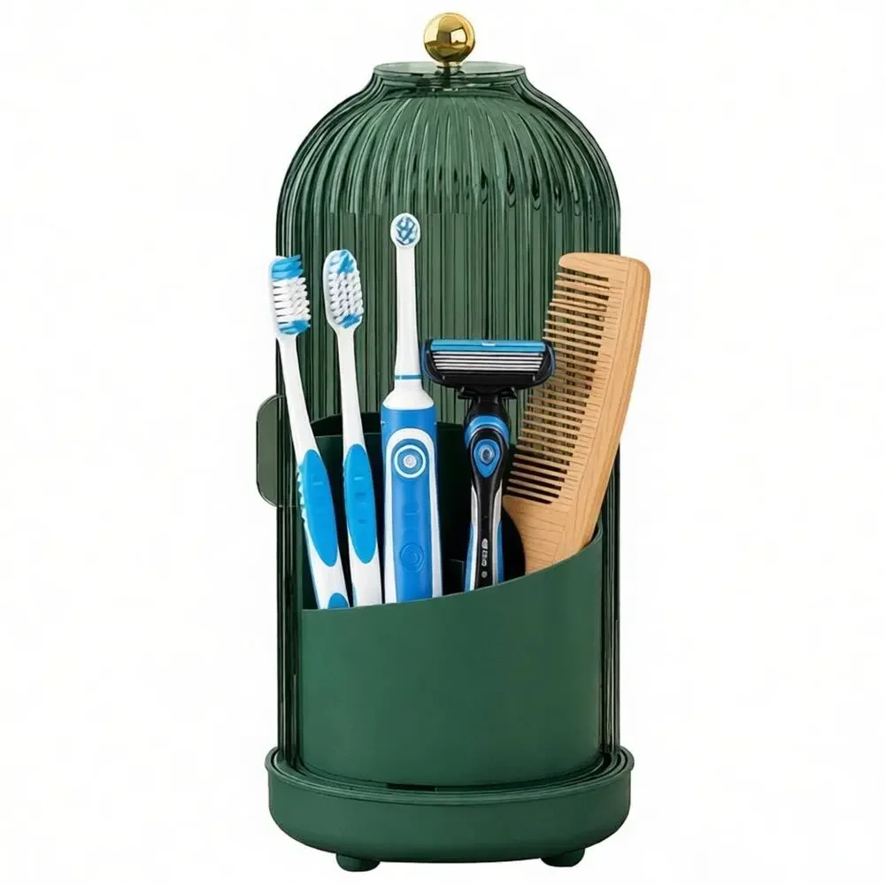 New JEESA Toothbrush Holder Organizer Drainage Holes Dustproof Cover 360 Green
